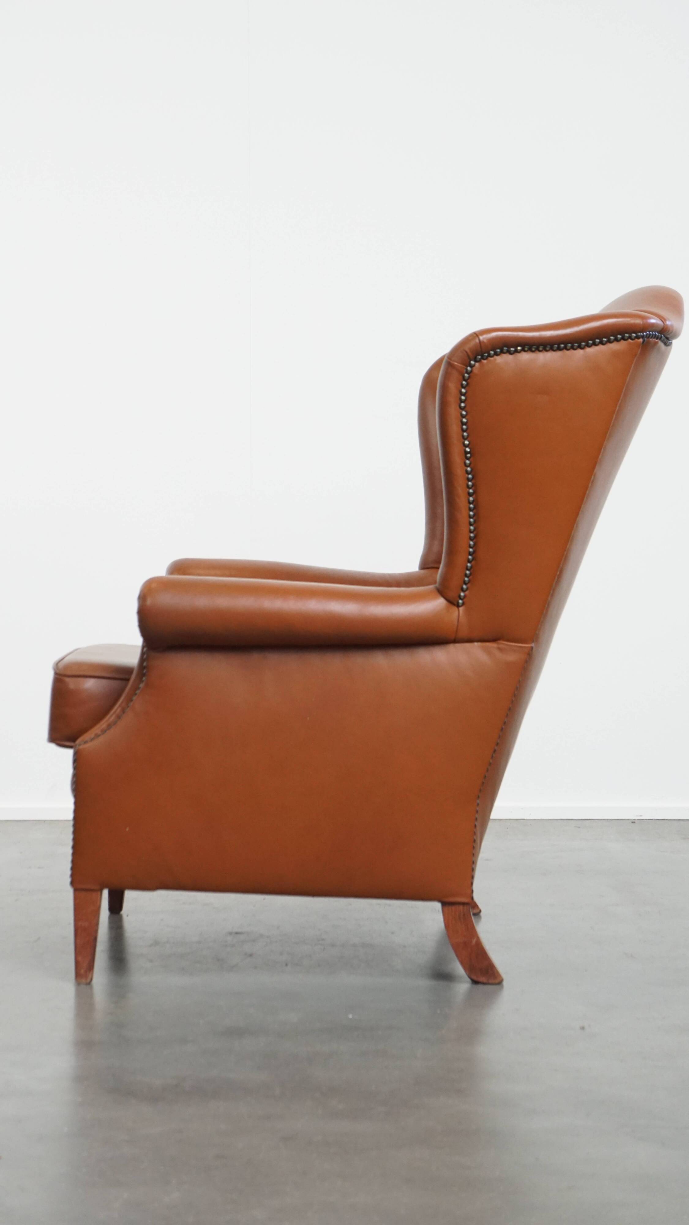 Cognac-Colored Cowhide Leather Wingback Chair in English Style