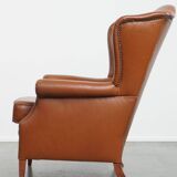 Cognac-Colored Cowhide Leather Wingback Chair in English Style