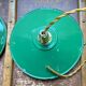 Pair of suspension in green and white enamelled sheet metal firm style indus braided golden threads