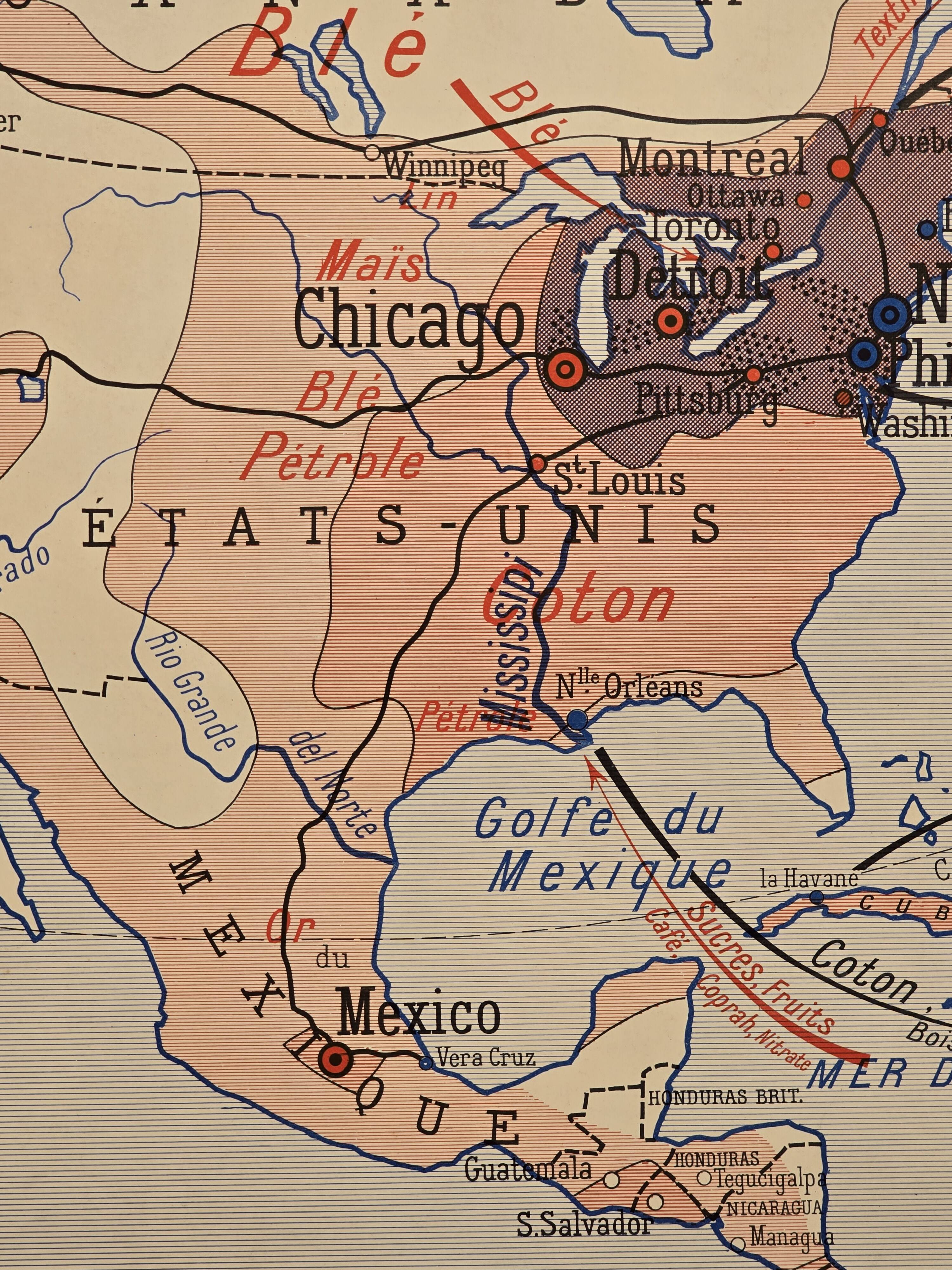 Old geography map / school map South America North America