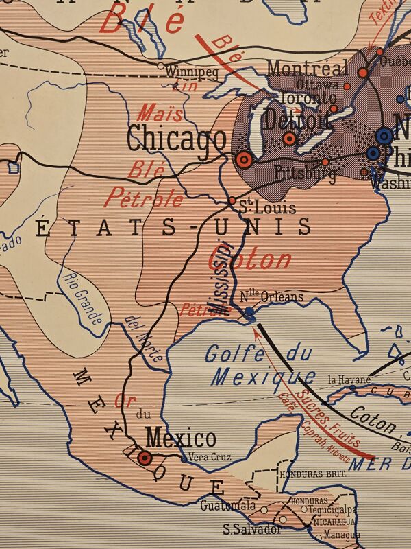 Carte de géographie ancienne / carte d'école Amérique du Sud Amérique du No