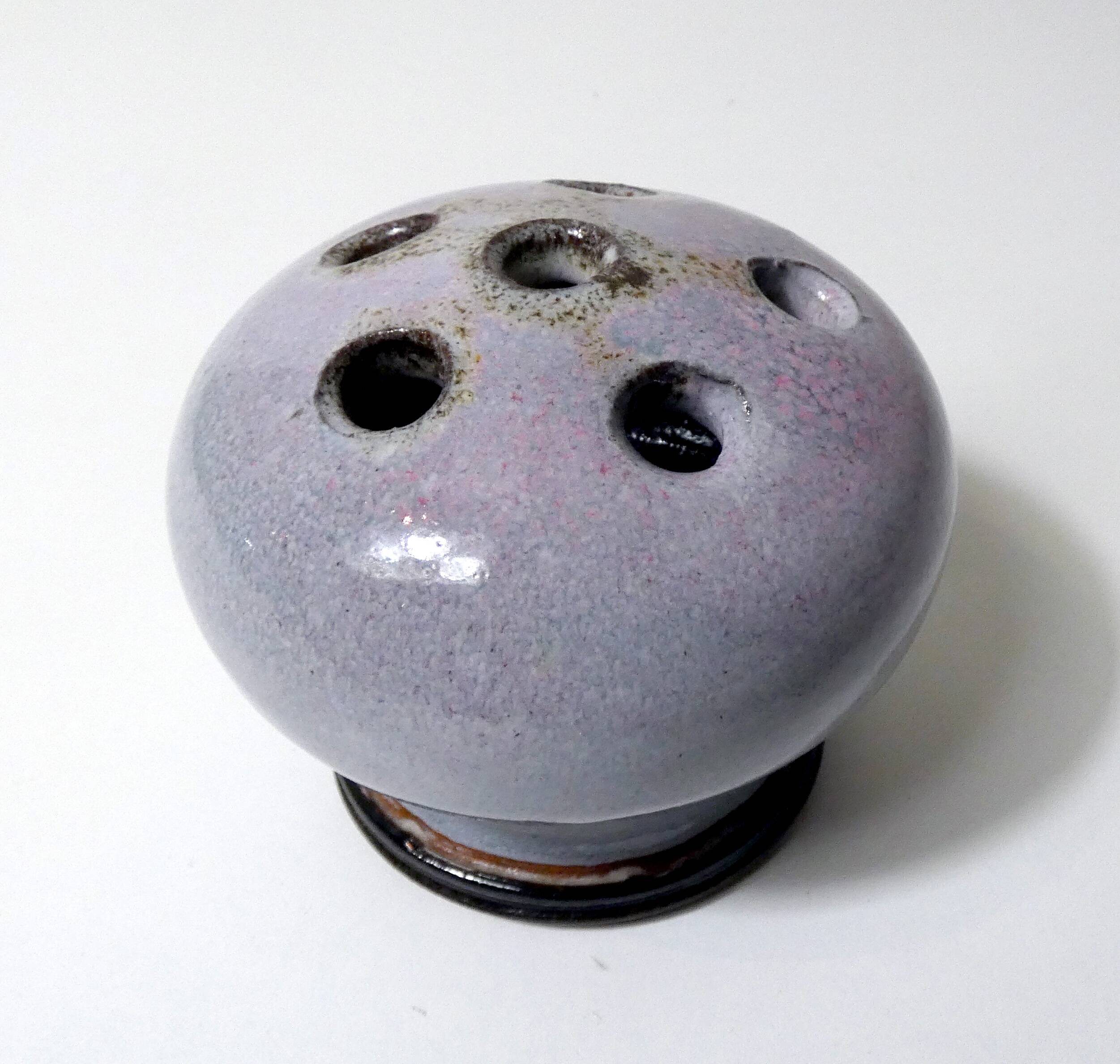 Vintage design stoneware flower frog, signed ball vase