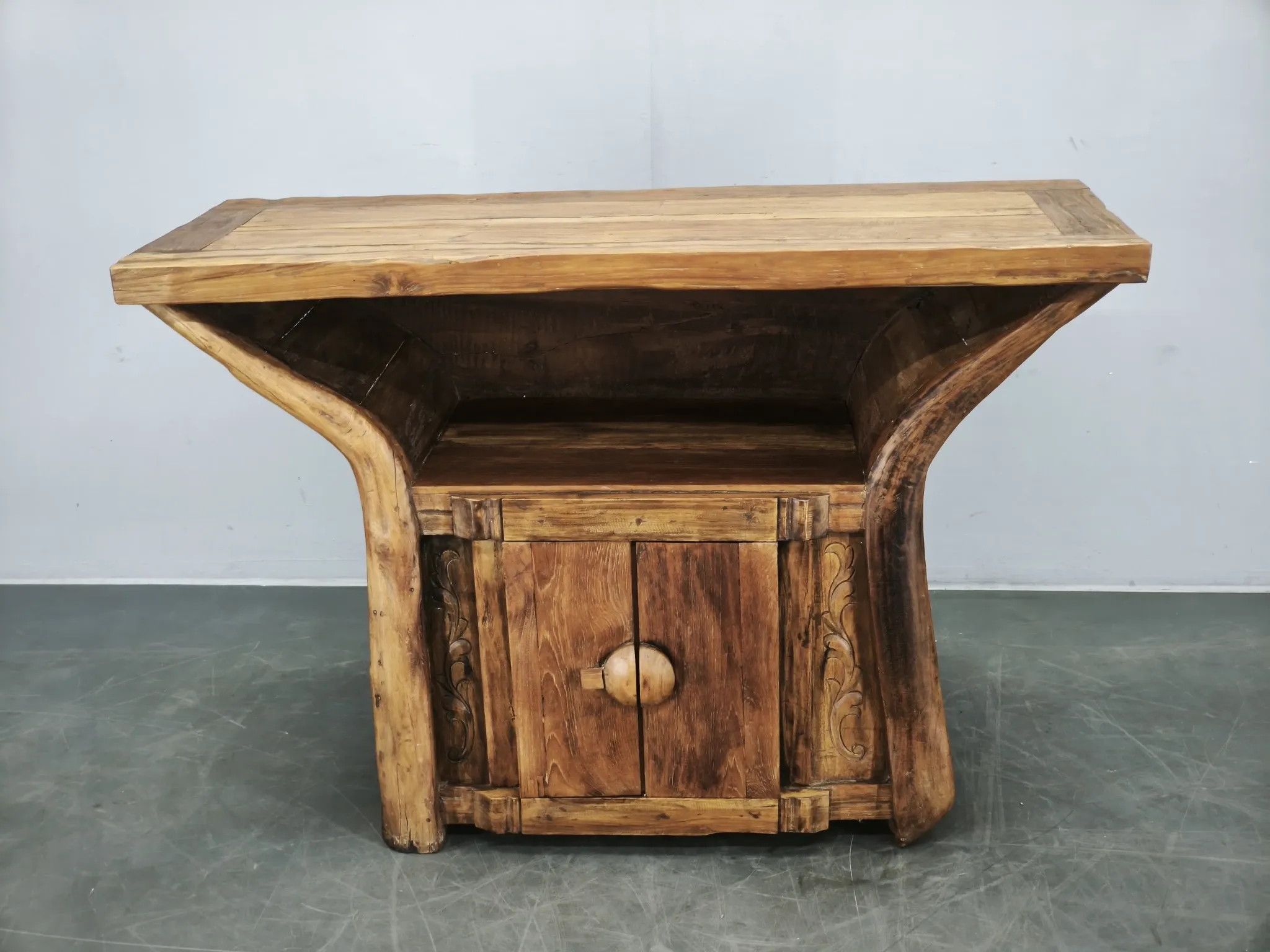 1970s Asian Rustic Solid Wood Console Table, Hand-Carved Primitive Sideboar