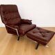Vintage retro Arne Norell lounge chair & stool in burgundy leather