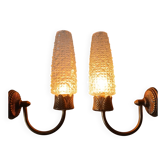 Paire d’appliques vintage années 50-60 en laiton et verre pressé
