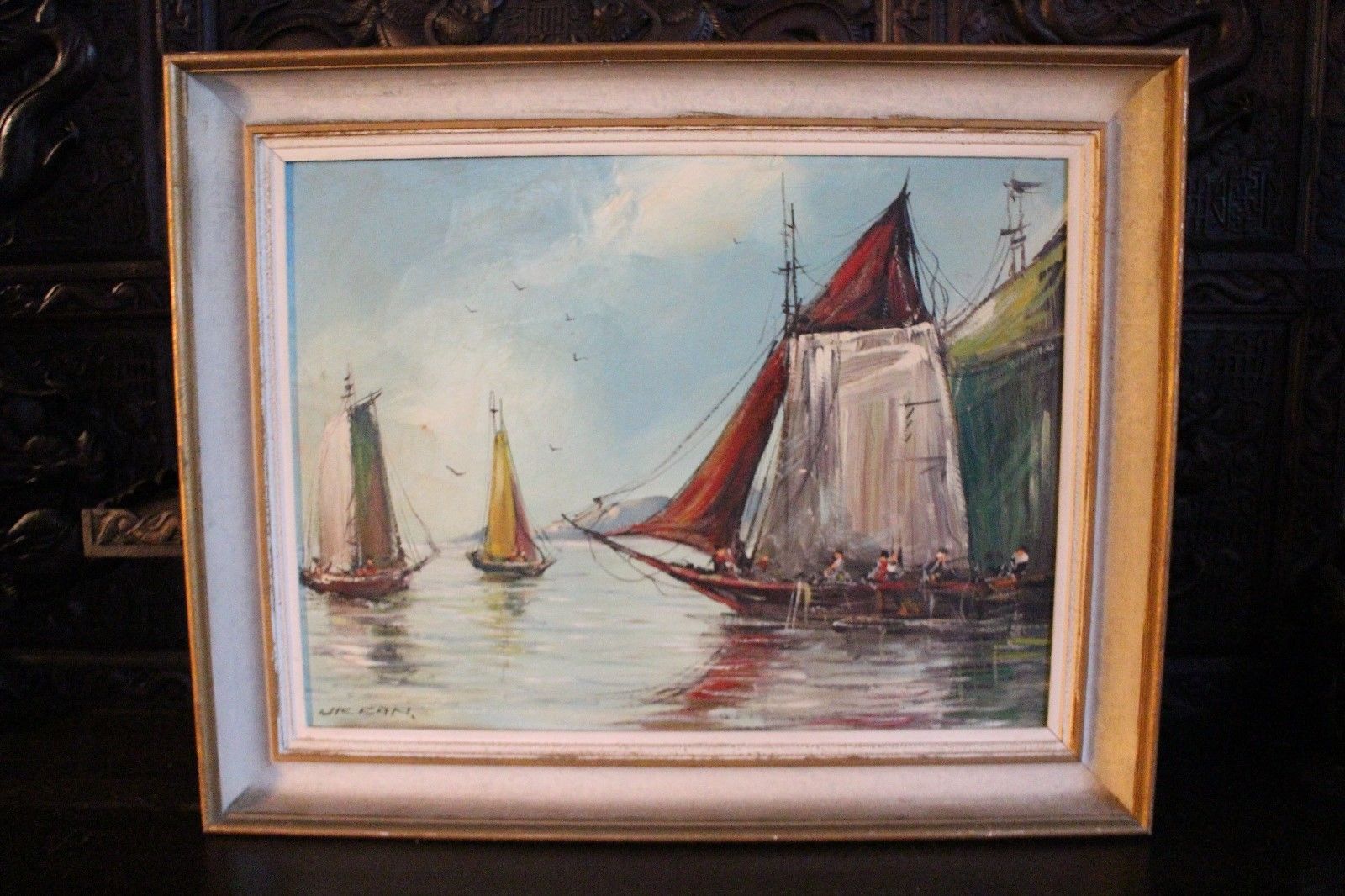 Tableau cadre huile sur toile Marine paysage bateau Méditerranée signé Urban