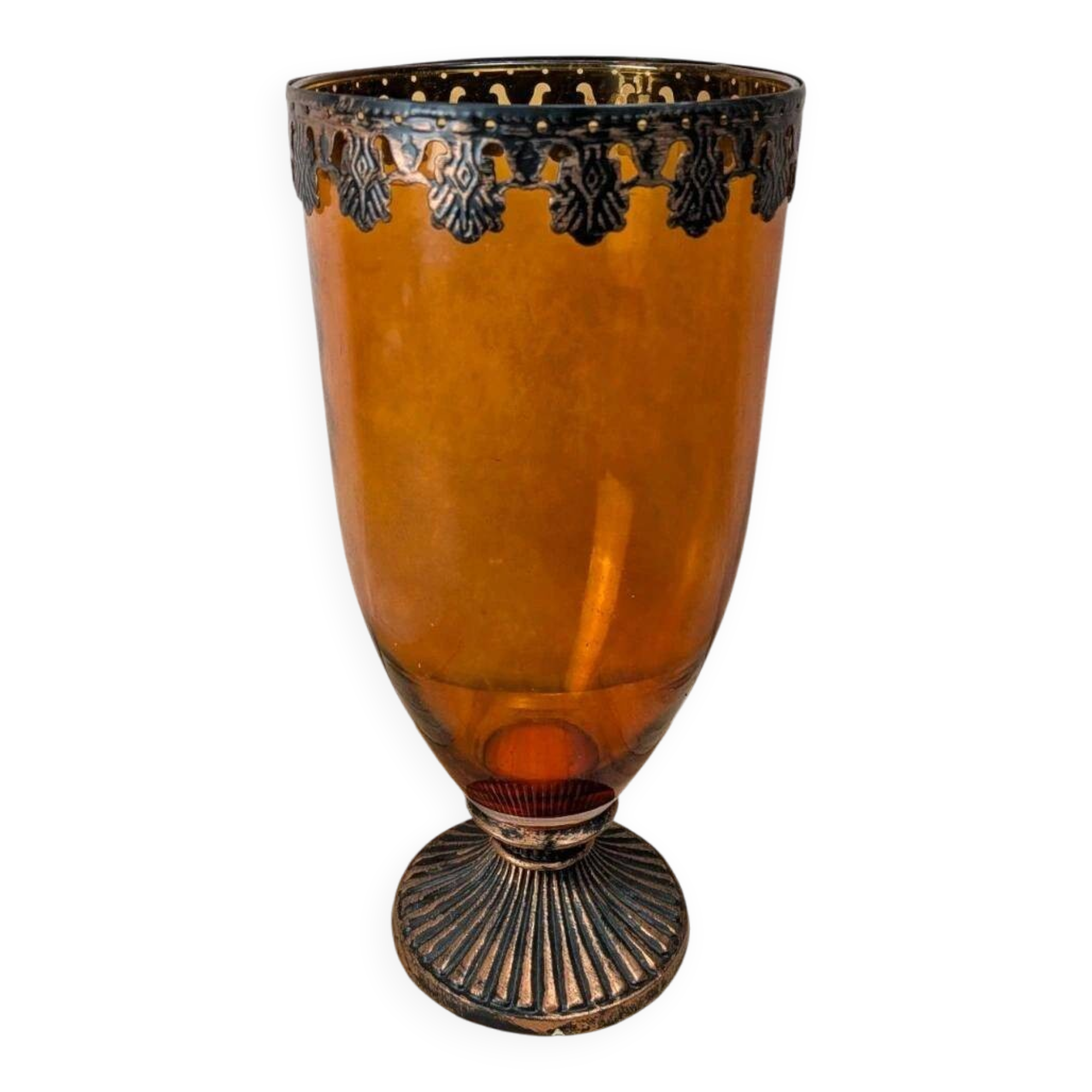 Vintage amber glass vase on a pedestal
