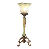 Art Nouveau bronze chalice lamp with antique tulip and painted water green glass