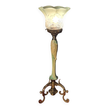 Art Nouveau bronze chalice lamp with antique tulip and painted water green glass