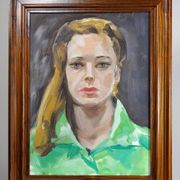 Portrait "The Woman in Green" vintage oil on canvas board framed