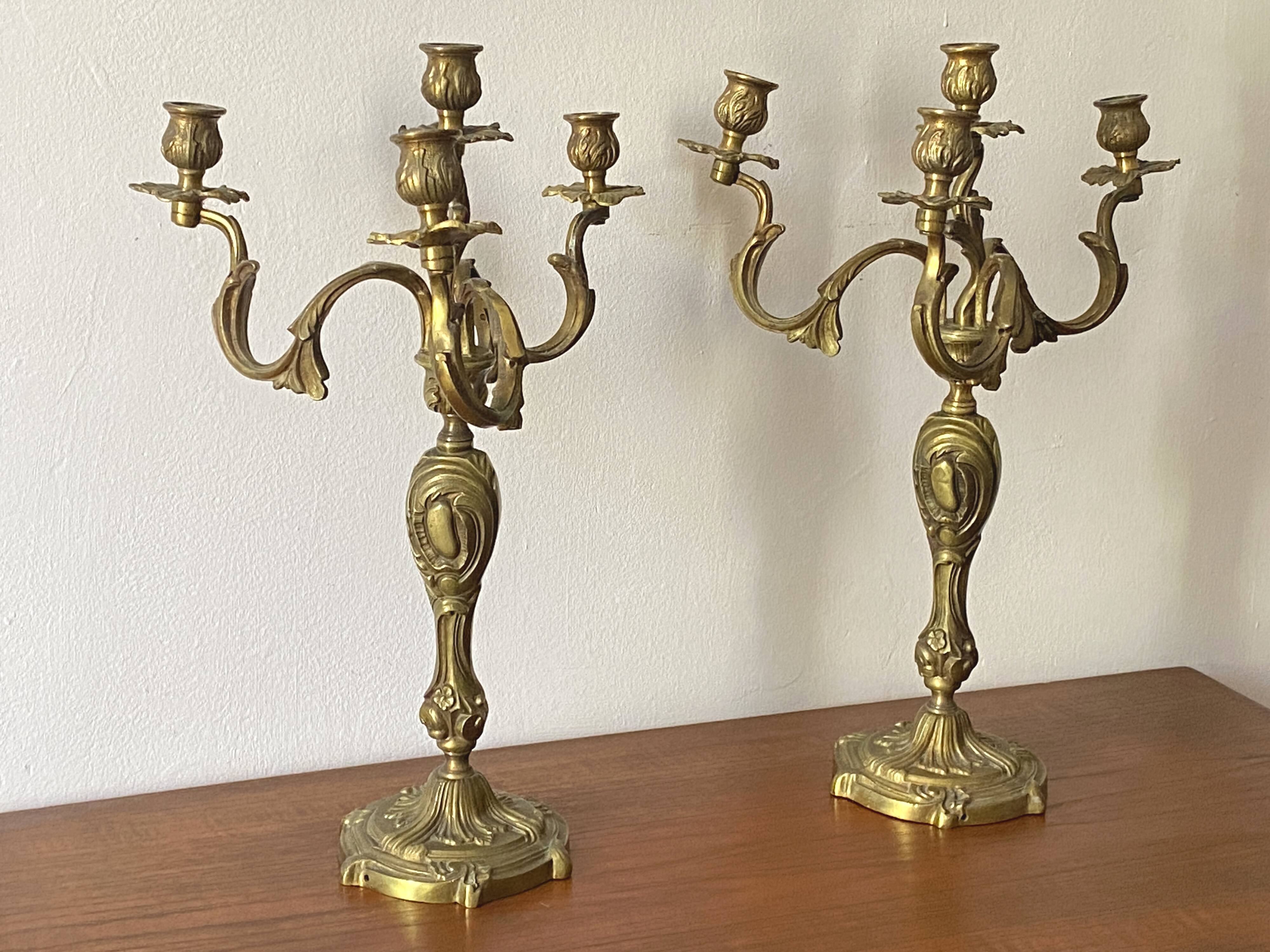 Pair of Louis XV style gilt bronze candlesticks / candelabras - H: 49 cm