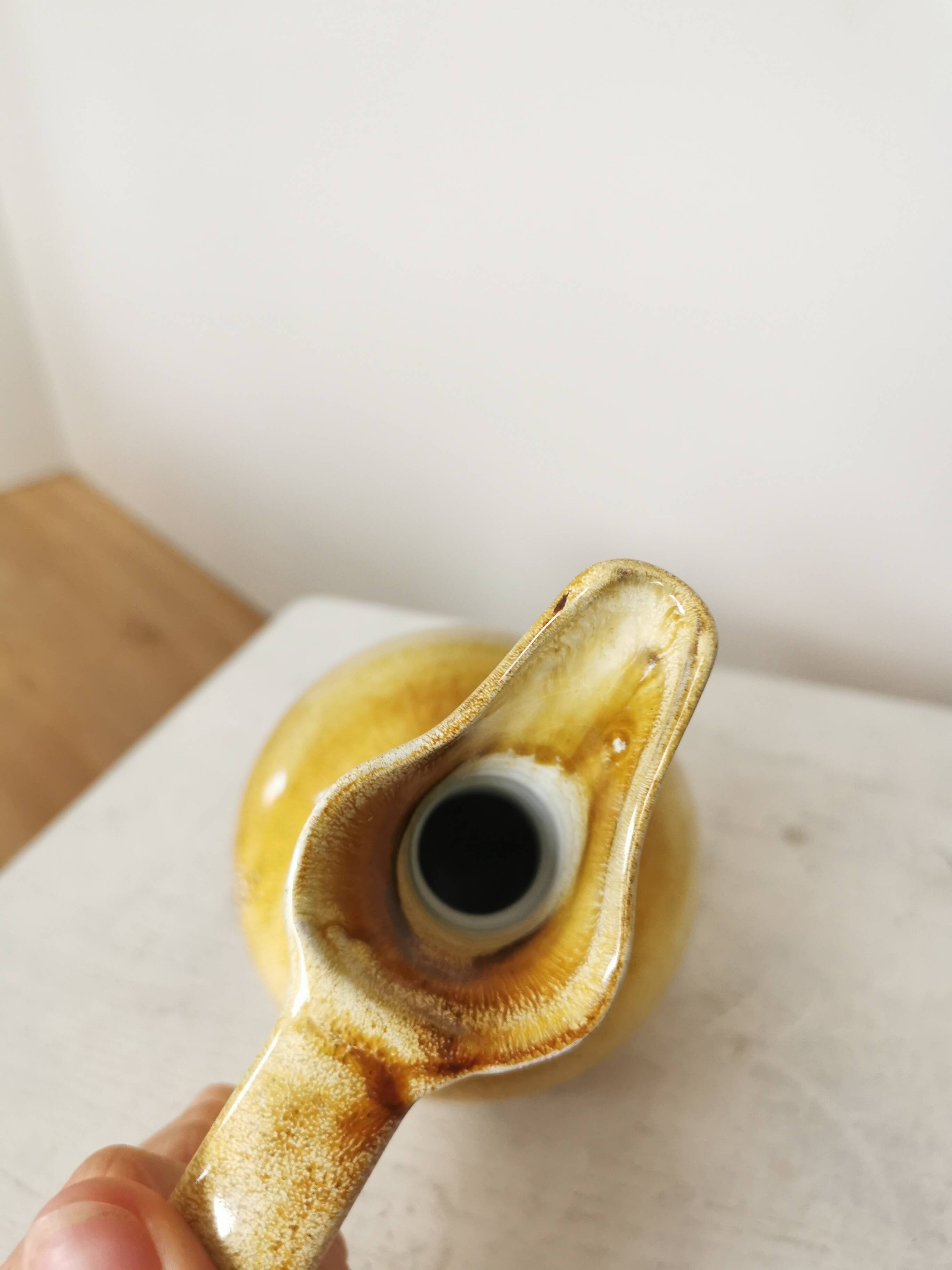 Handmade Ceramic Pitcher: 1970s LKC Pottery, Yellow Brown Glaze