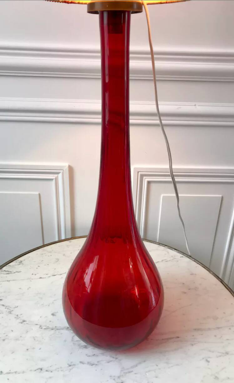 Large red Murano style Italian blown glass lamp and seventies lampshade from the 70s