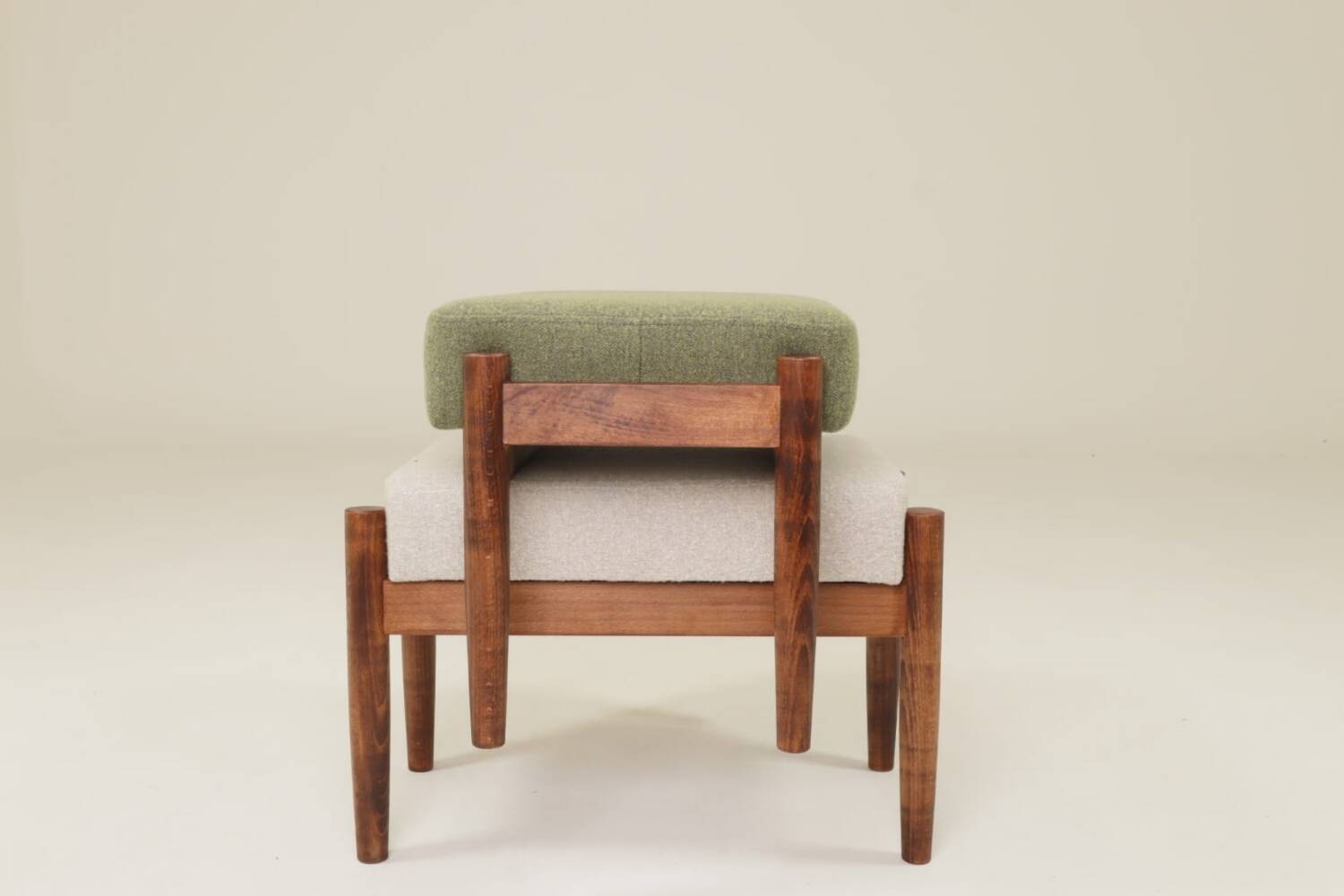 Set two footrest in vintage style, boucle upholstery, wooden pouffe