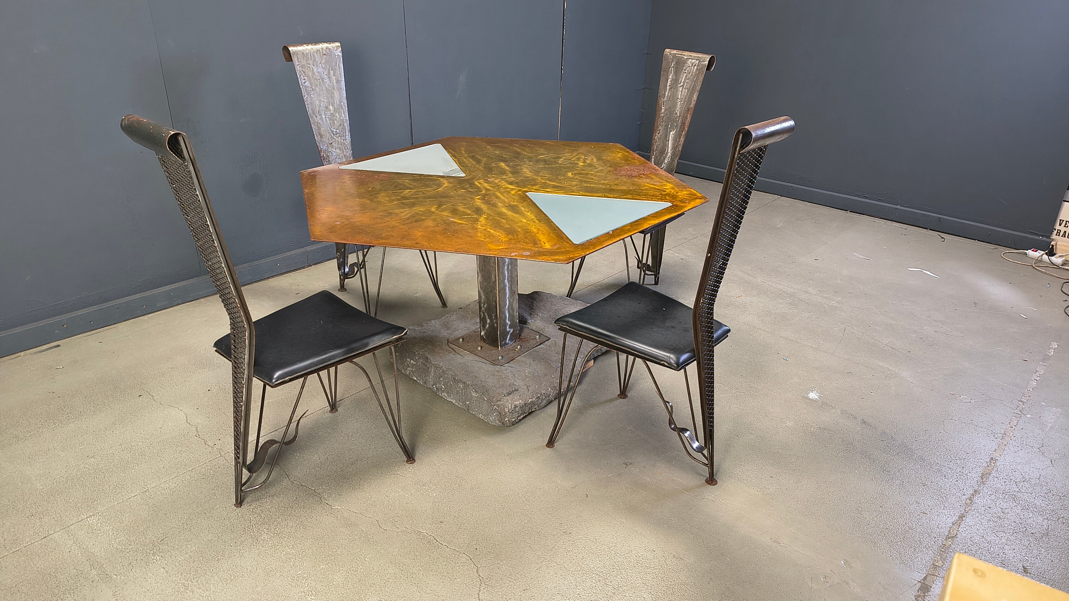 Hand crafted steel and stone dining set, 1970s