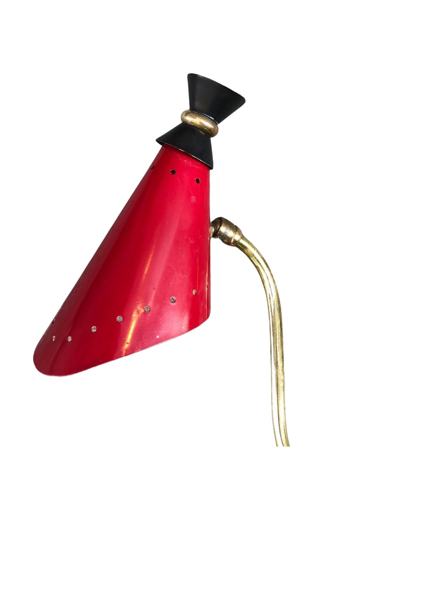 Pair of brass wall lights, red diabolo metal lampshades, circa 1950