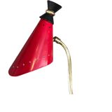 Pair of brass wall lights, red diabolo metal lampshades, circa 1950