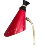 Pair of brass wall lights, red diabolo metal lampshades, circa 1950