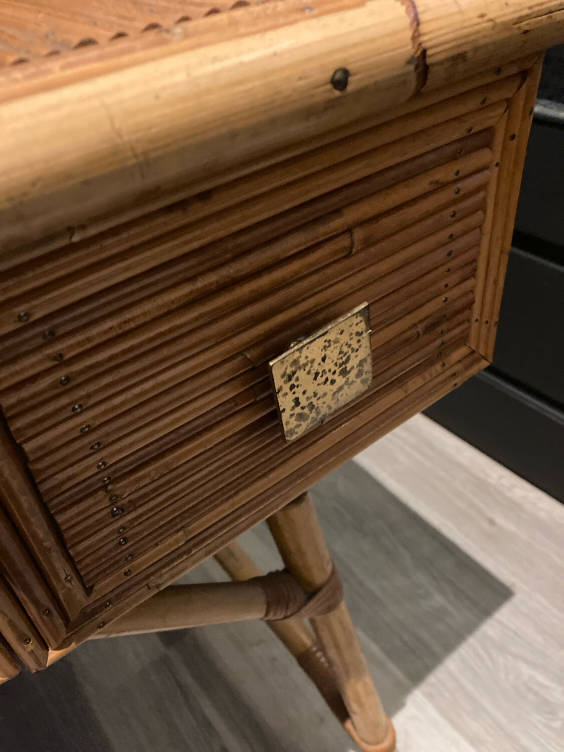 Hairdresser, vintage rattan desk, in the style of Audoux Minet.