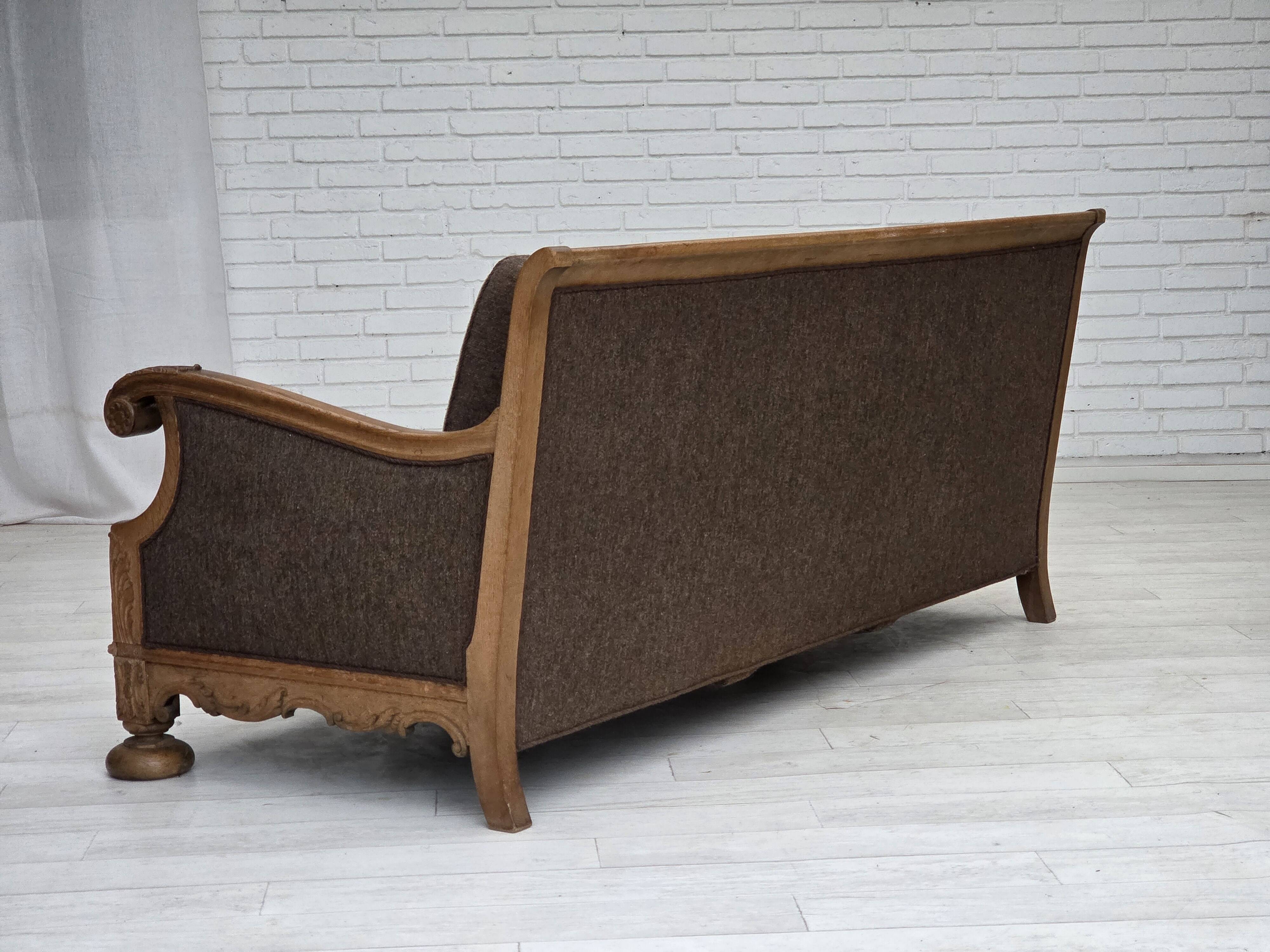1950s, Danish 3-seater sofa, furniture wool, solid carved oak wood.