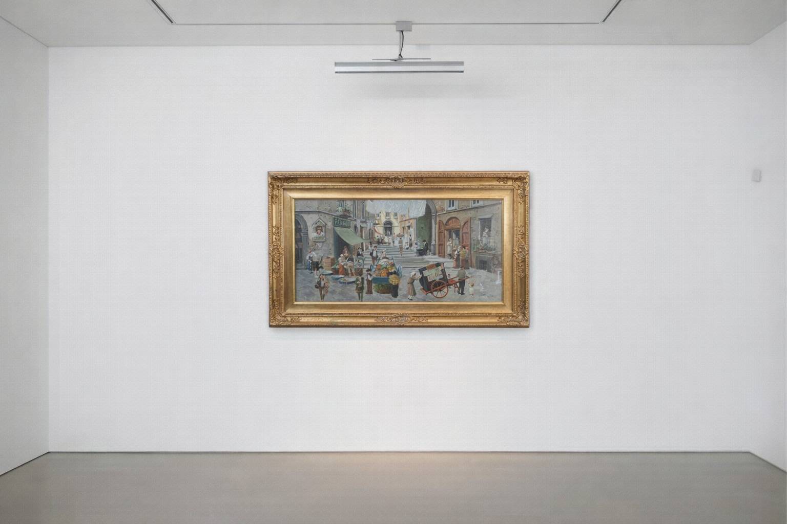 Dipinto a Olio di Francesco Tammaro Scena di Mercato Napoletana 80x130 cm