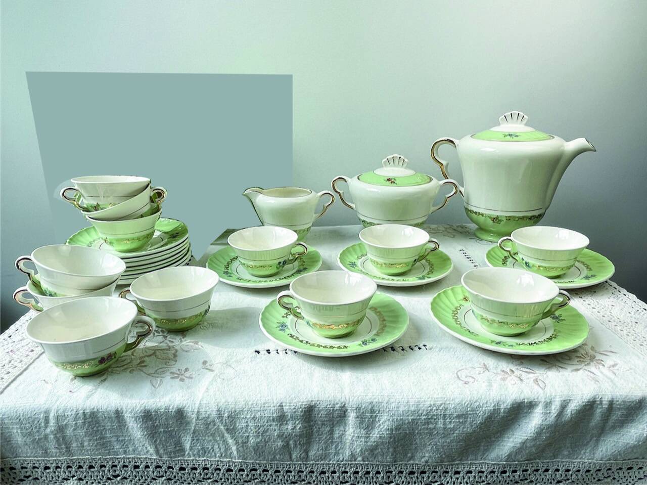 Vintage tea/coffee set in white, green and gold porcelain by SALINS, made in France