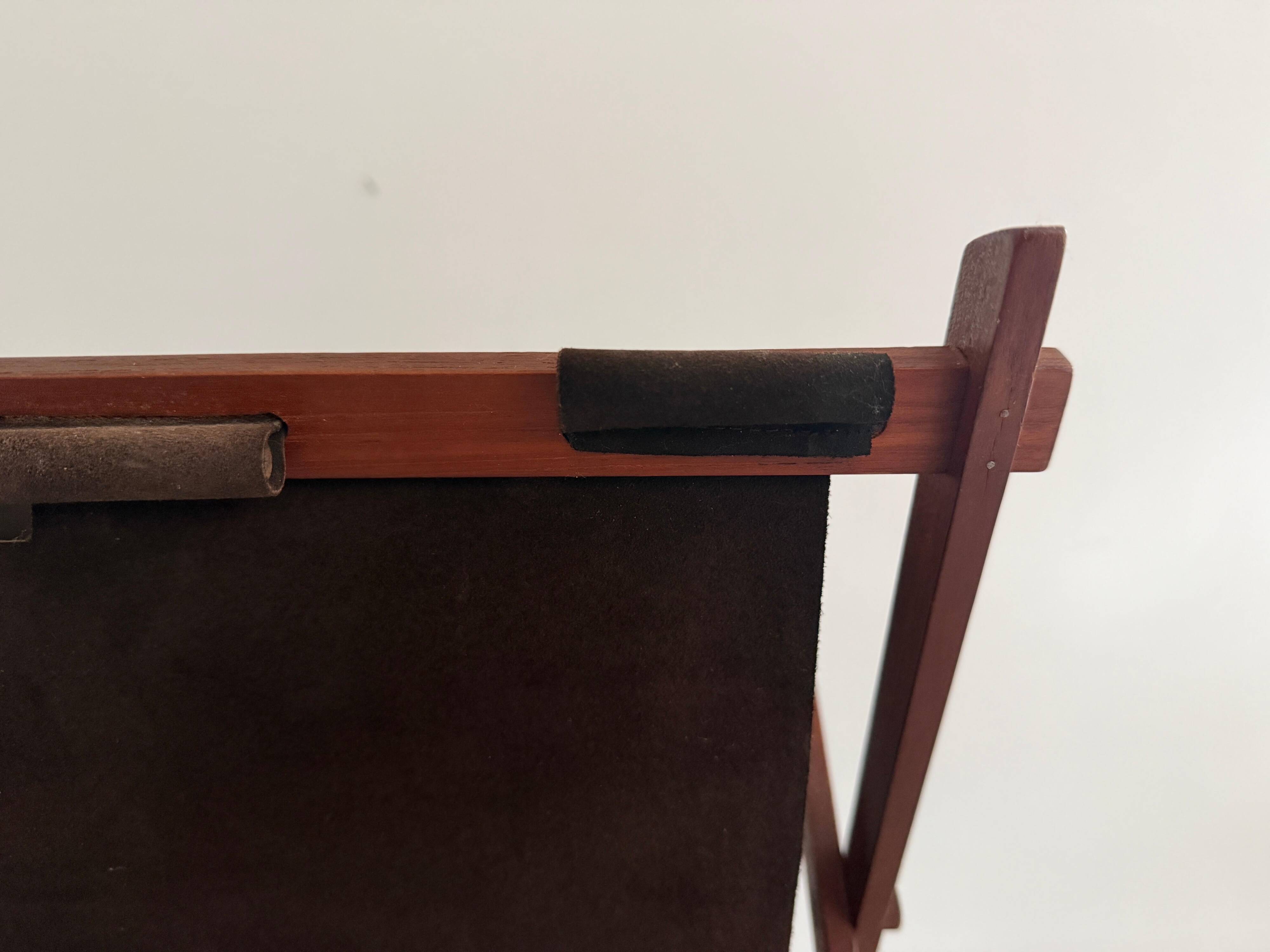 Support stand for mid-century teak and suede magazines and newspapers, 1960, Germany.