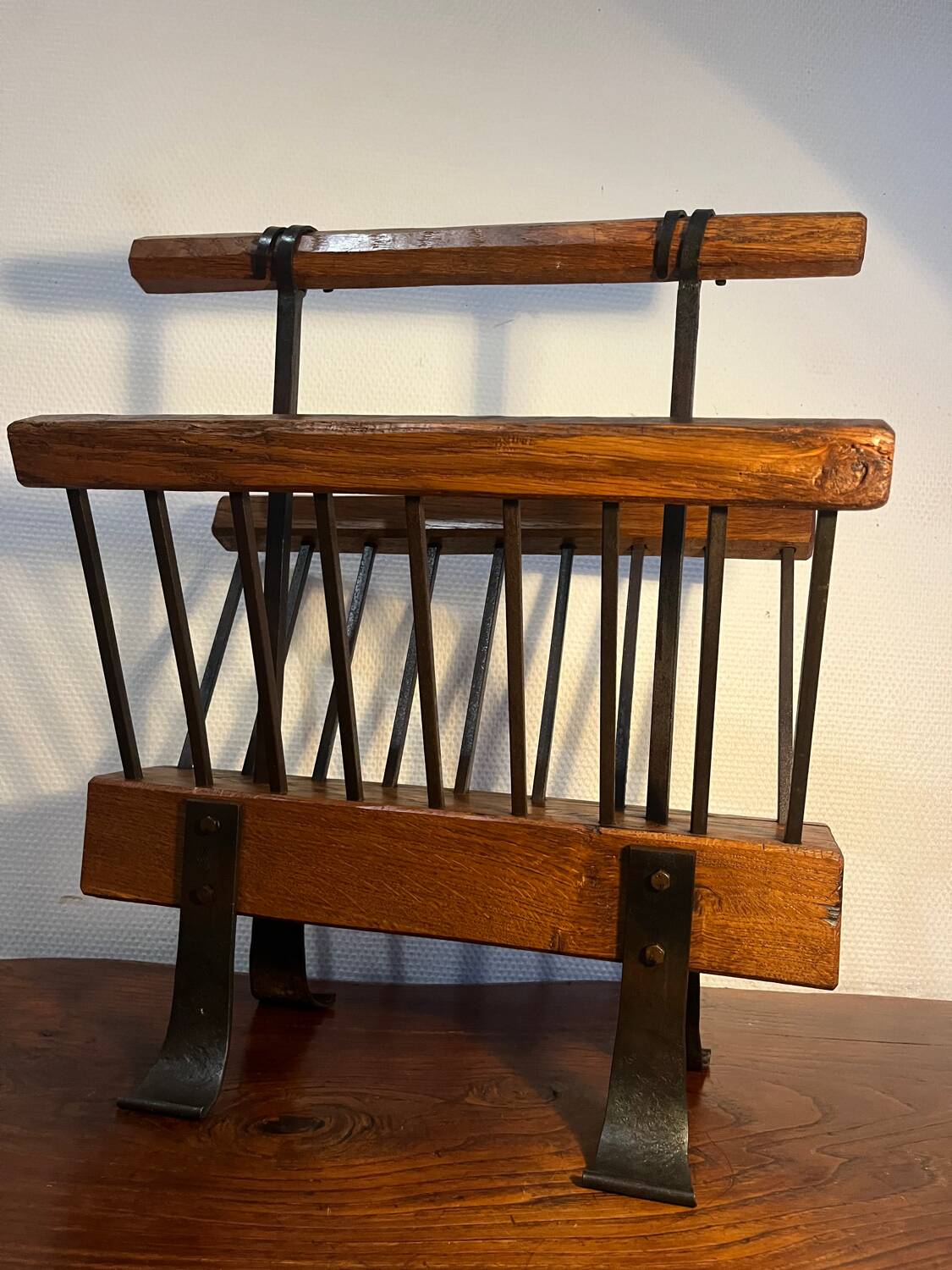 Brutalist magazine rack, solid wood and wrought iron