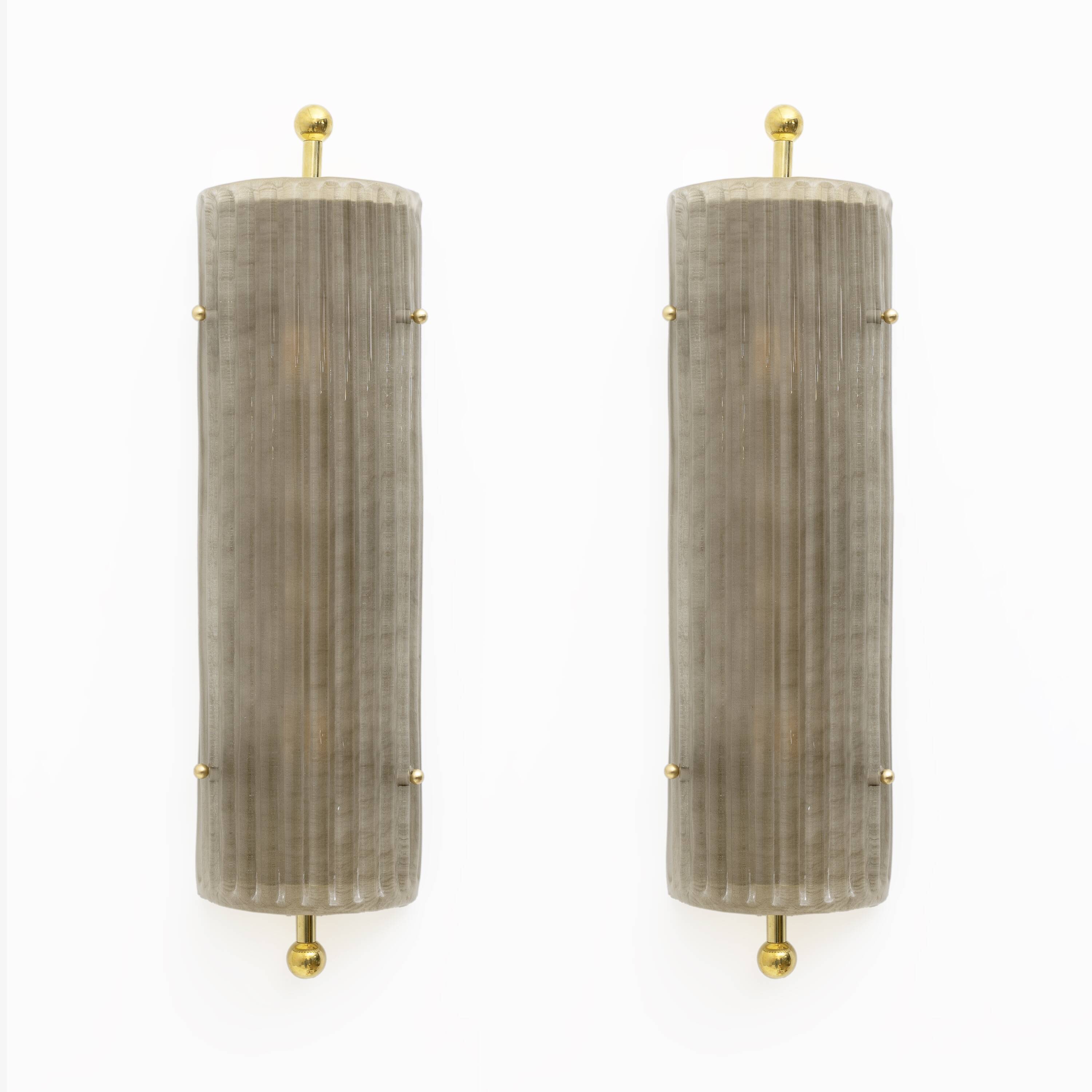 Pair of Art Deco Style Smoked Murano Glass and Brass Sconces