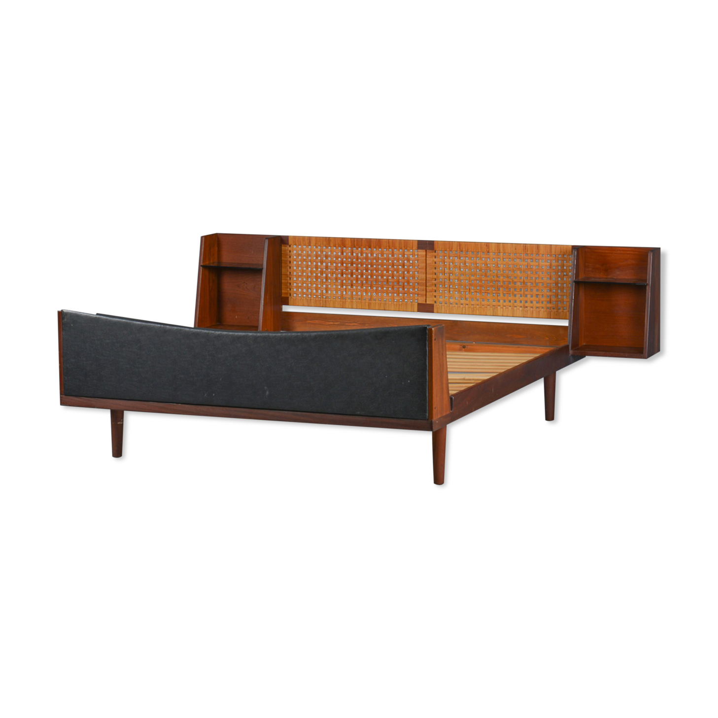 Danish Midcentury Teak double bed with Cane headboard by Hans Wegner for Getama