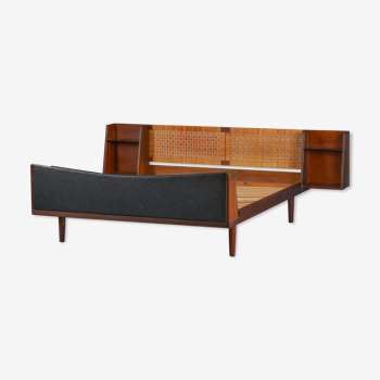 Danish Midcentury Teak double bed with Cane headboard by Hans Wegner for Getama