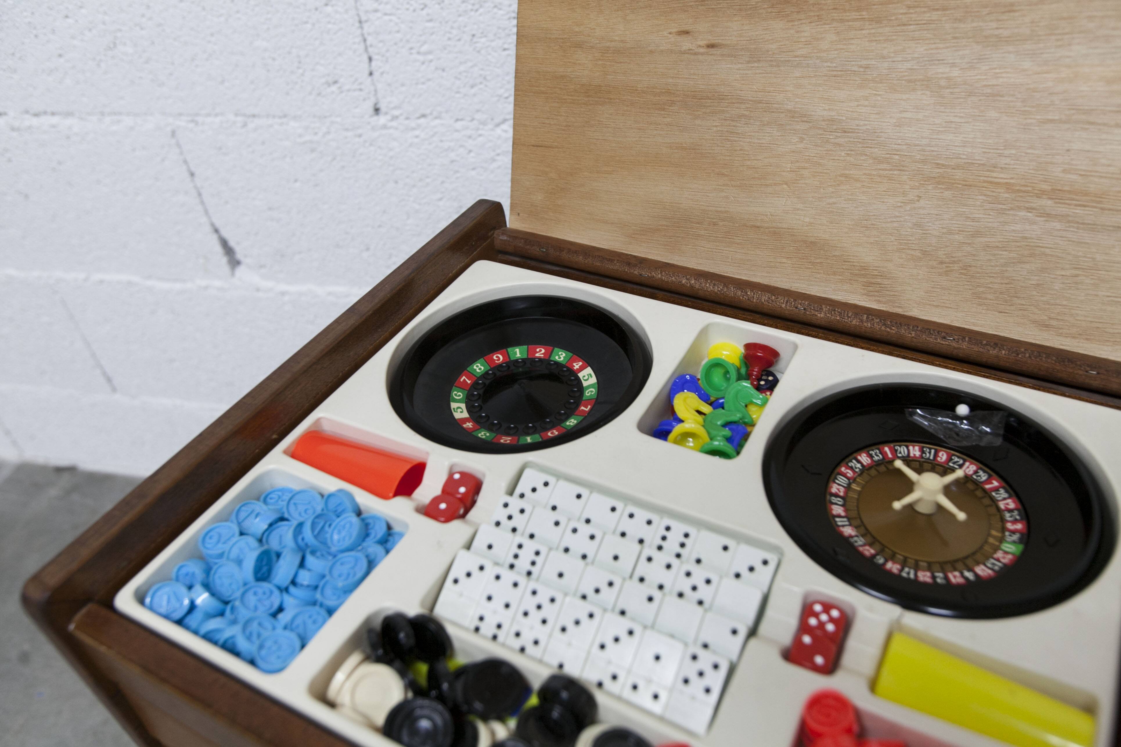 Unique 1960s bedside table with 15 complete games, compass legs, 1960s