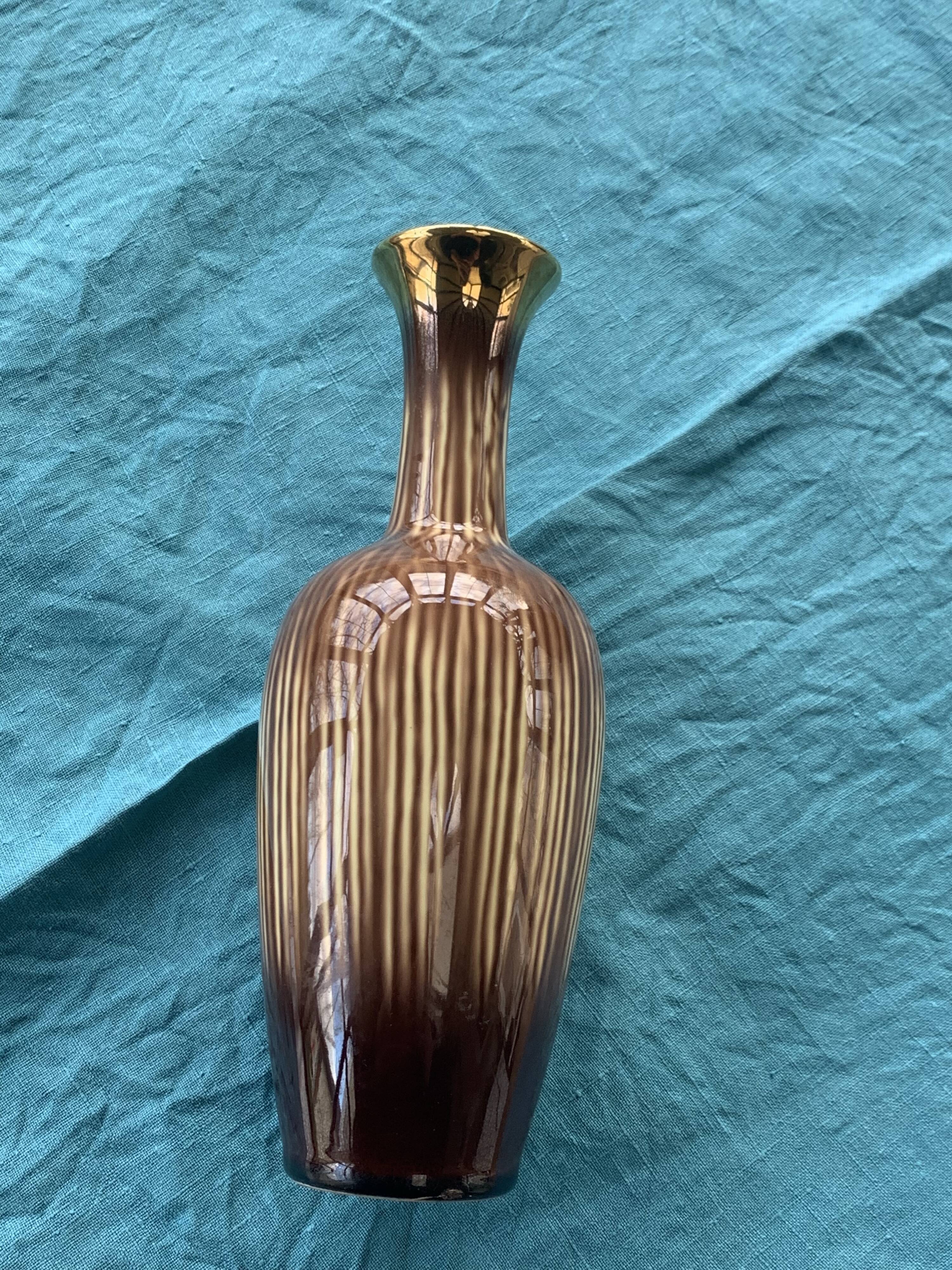 Soliflore vase in beige and gold glazed ceramic, numbered and vintage