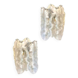 Set of Two Transparent and White “Fiamma” Murano Glass Wall Sconces