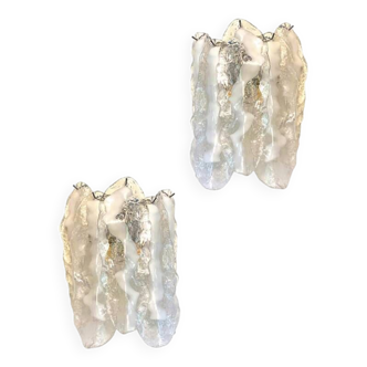 Set of Two Transparent and White “Fiamma” Murano Glass Wall Sconces