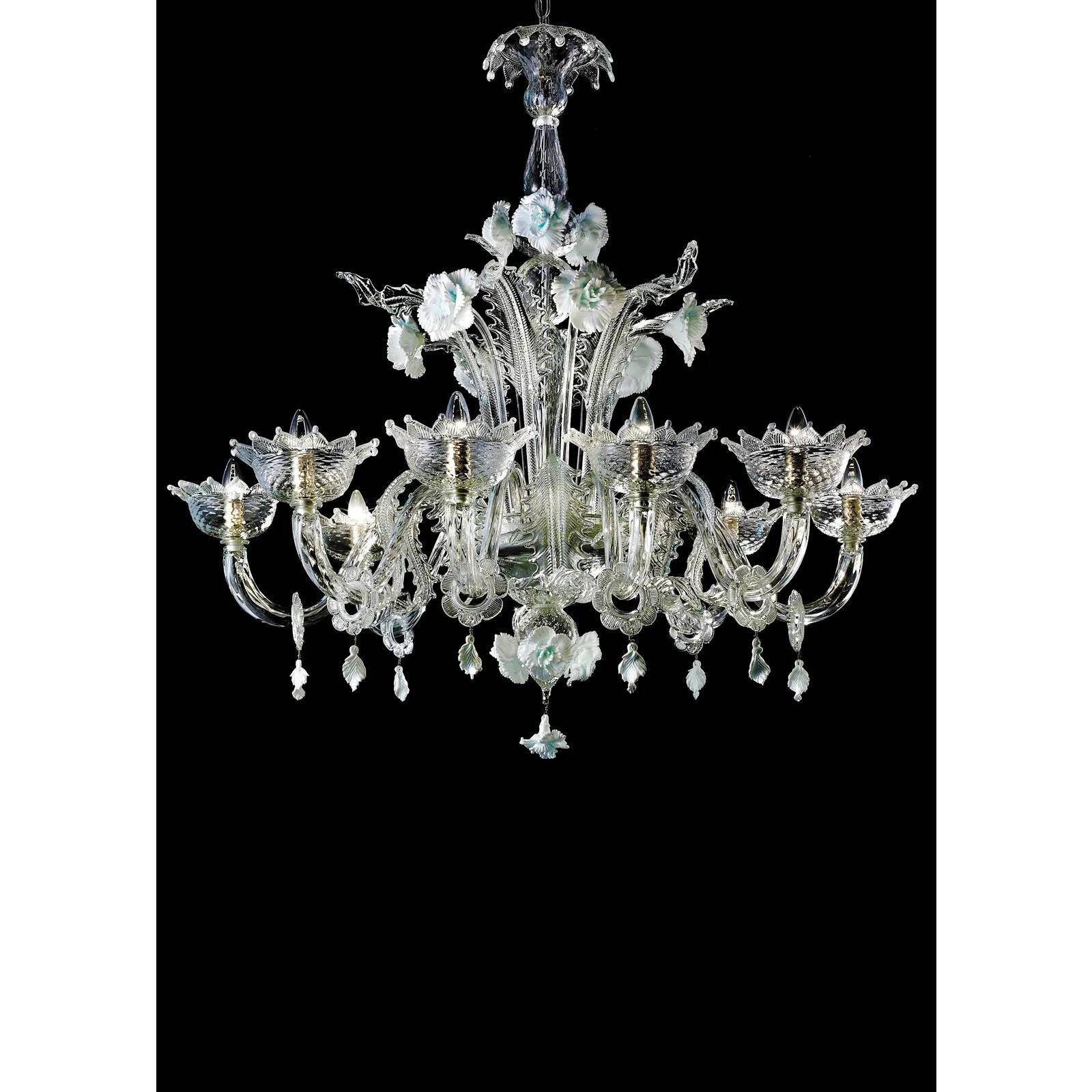 Luxury Romantic Venetian Floral Murano Glass Chandelier in White & Clear