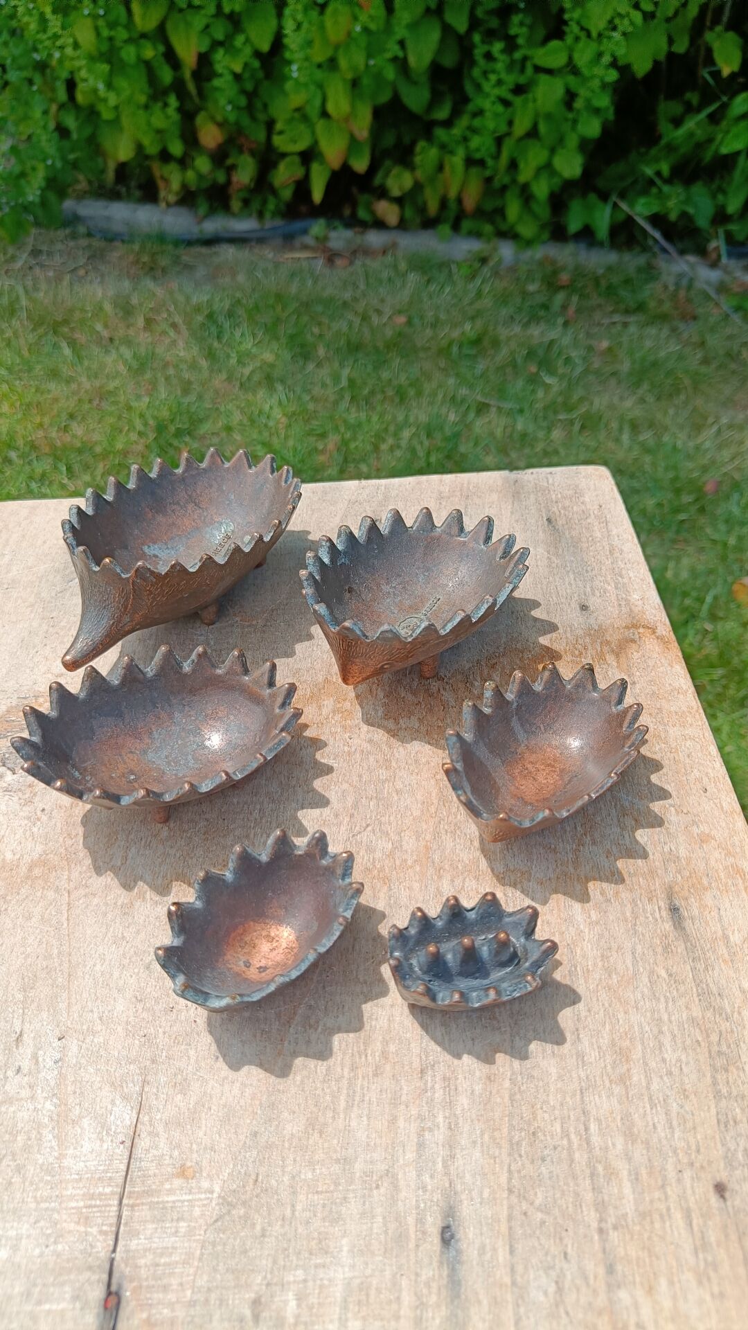 Vintage patinated metal hedgehog ashtrays – Greece