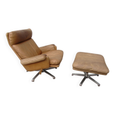 Mid-century vintage high back leather Swivel Armchair with Ottoman, 1970s