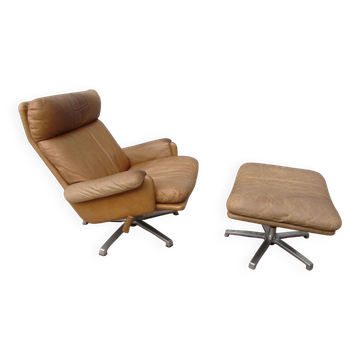 Mid-century vintage high back leather Swivel Armchair with Ottoman, 1970s