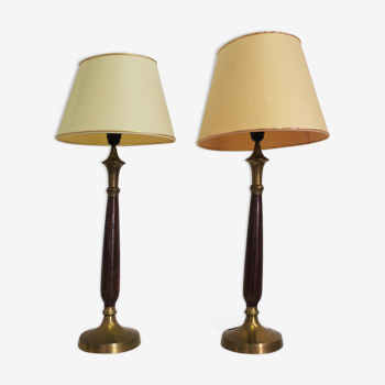 Lampes chapeaux en acajou laiton et coton d'abat jour, 1950s, set de 2