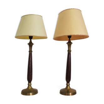 Lampes chapeaux en acajou laiton et coton d'abat jour, 1950s, set de 2