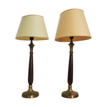 Mahogany Hat Lamps, Brass and Cotton of Abat Day, 1950s, Set of 2