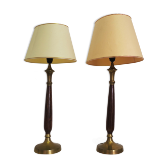 Mahogany Hat Lamps, Brass and Cotton of Abat Day, 1950s, Set of 2