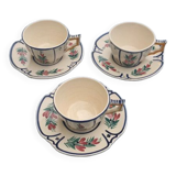 3 cups and 3 numbered Henriot Quimper earthenware saucers