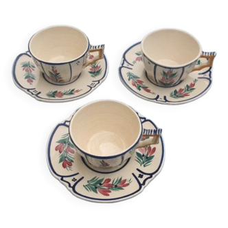 3 cups and 3 numbered Henriot Quimper earthenware saucers