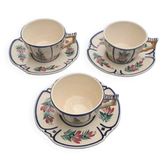 3 tasses et 3 soucoupes faïence Henriot Quimper numérotées