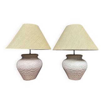 Grande paire de lampes Vintage en terre cuite émaillée