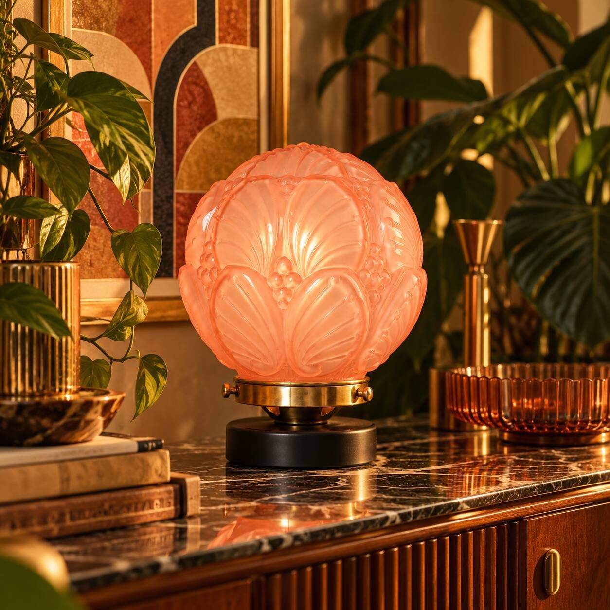Penelope — Art Deco table lamp in sculpted pink glass, black brass base.