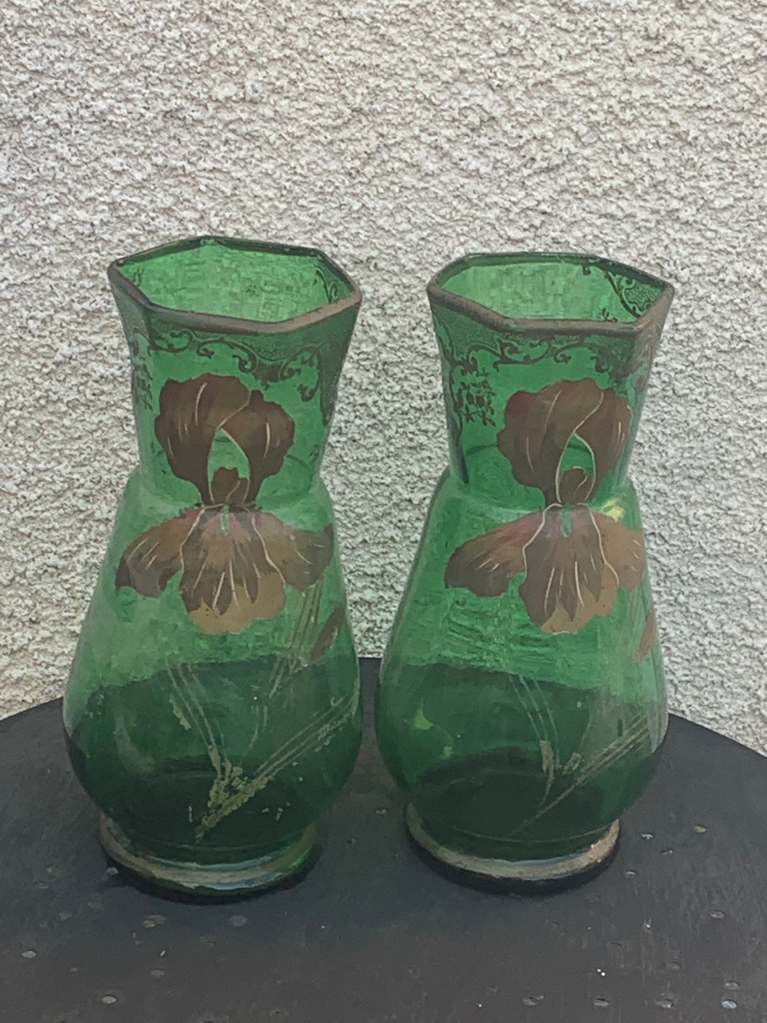 Pair of iris vases gilded transparent glass green and iris hand painted art nouveau, collector