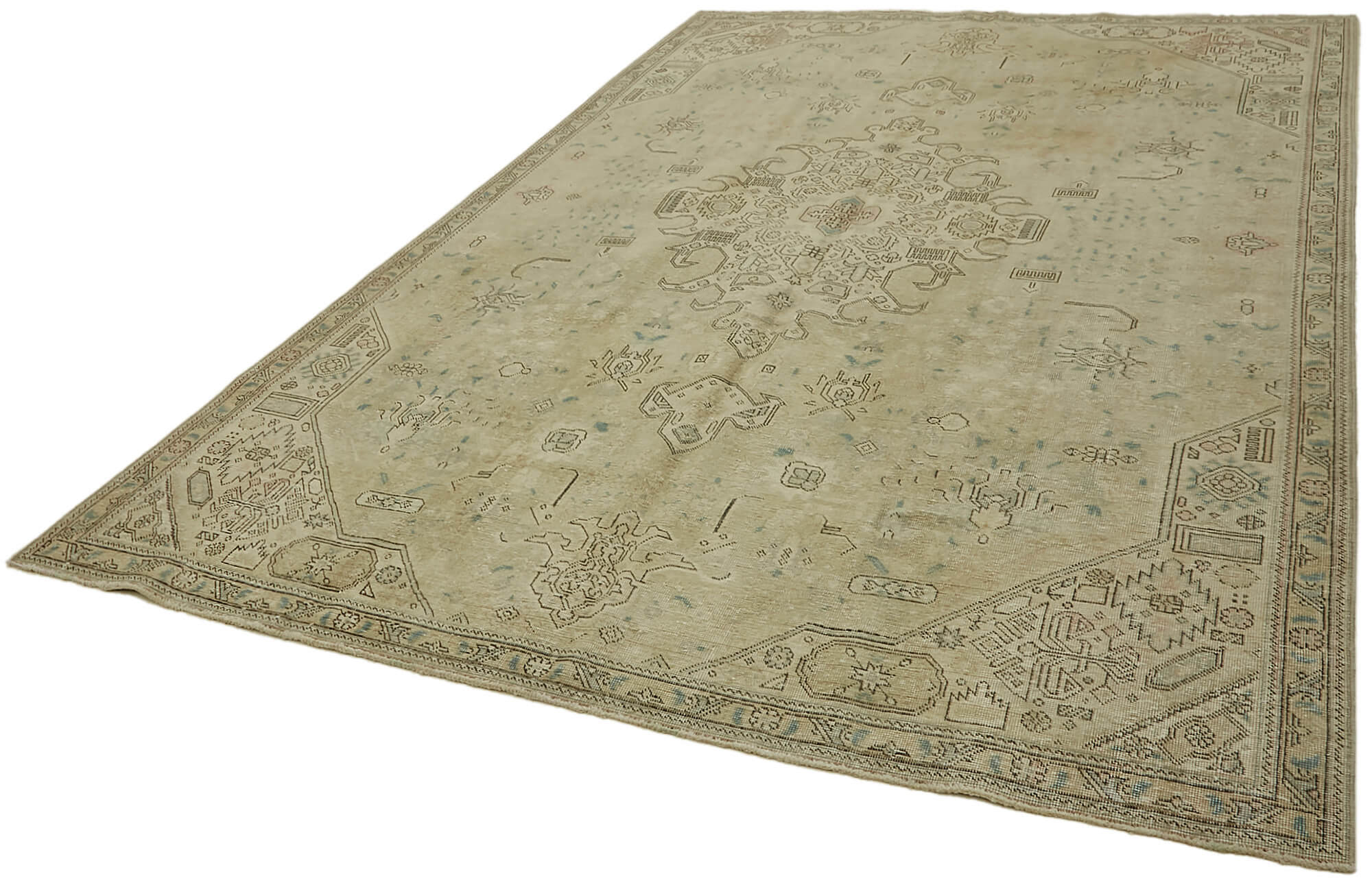 Hand-Knotted Anatolian Vintage 1970s 224 cm x 338 cm Beige Wool Carpet